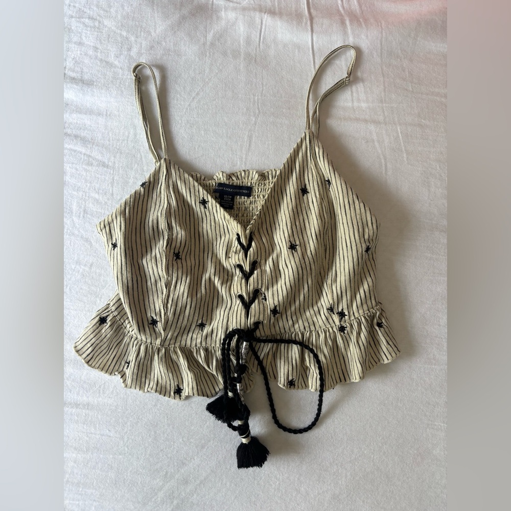 American Eagle Striped Lace-Up Ruffle Top